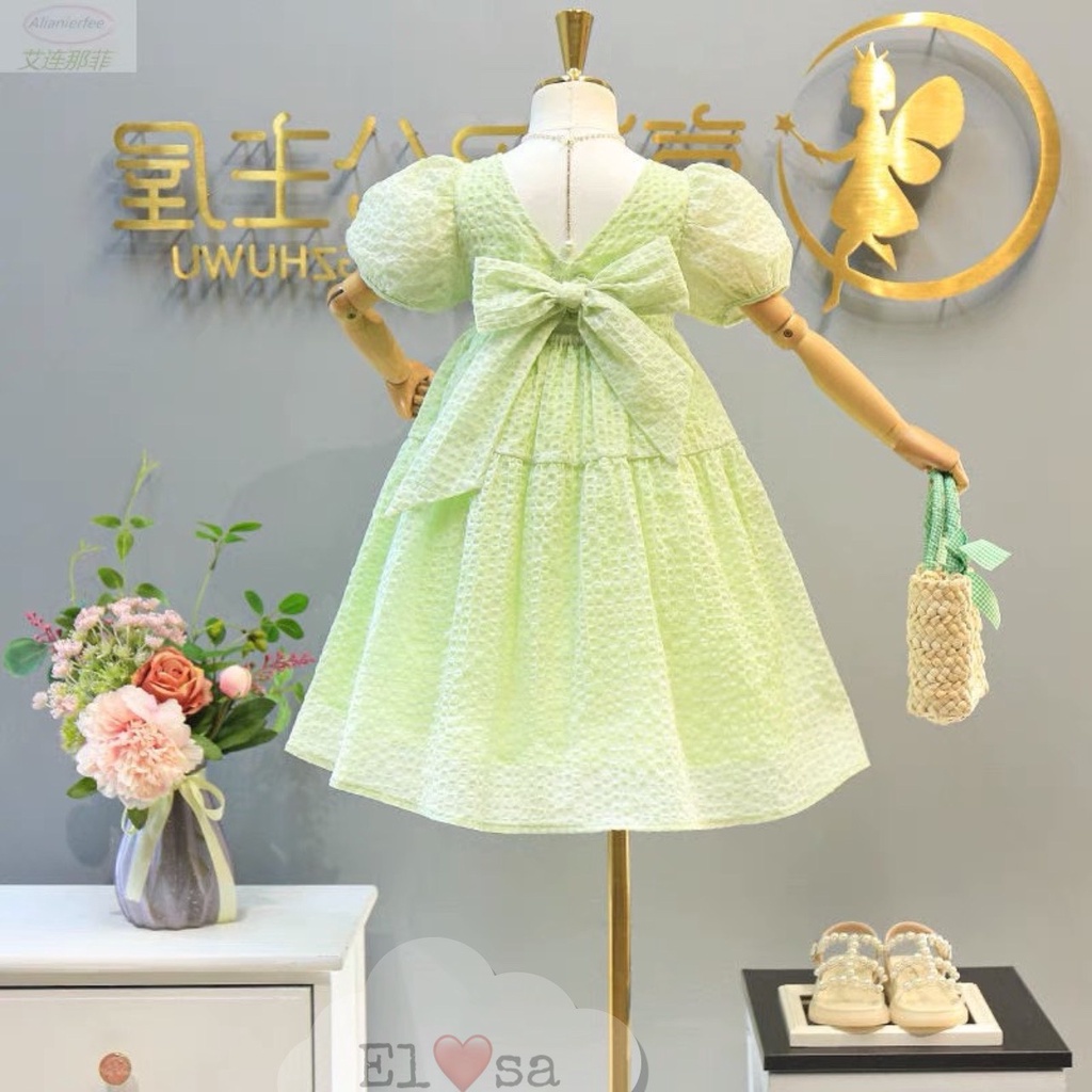 Váy bé gái thắt nơ lưng tay bồng màu xanh cốm hot trend 2022 dễ thương cho bé 1-8 Tuổi