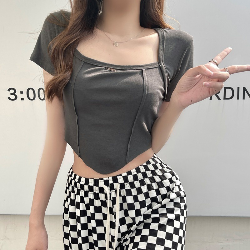 Hàng Mới Về Áo Thun Ngắn Tay Cổ Thấp Màu Trơn Thời Trang Mùa Hè Quyến Rũ Cho Nữ