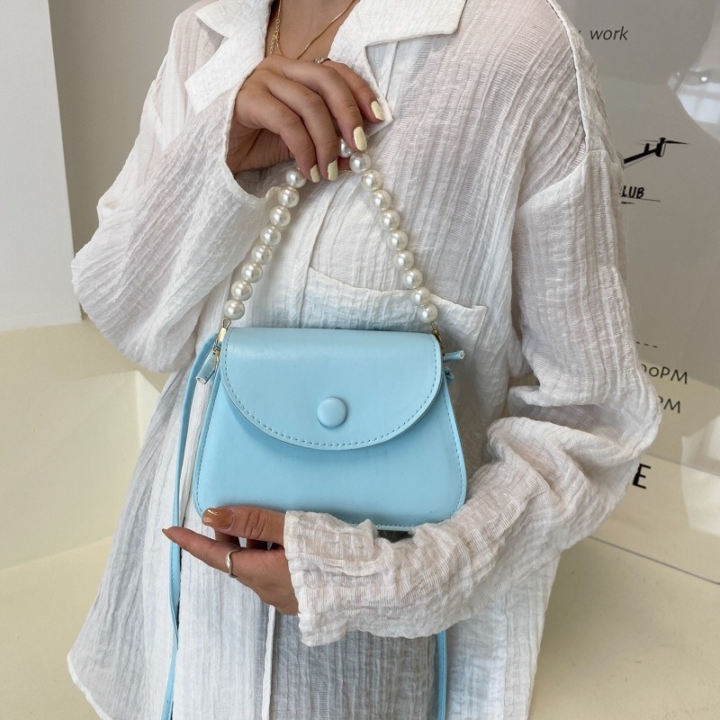 Túi Đeo Chéo Hình Vuông Nhỏ Màu Trơn Đính Nút Ngọc Trai Phong Cách Hàn Quốc Mới 2022 NB00421