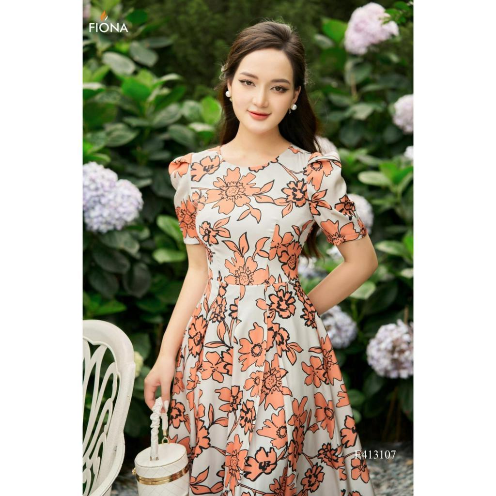 Đầm thiết kế cao cấp FIONA váy công sở nữ dáng dài xếp ly tay bồng họa tiết hoa lụa 3D trẻ trung F413107