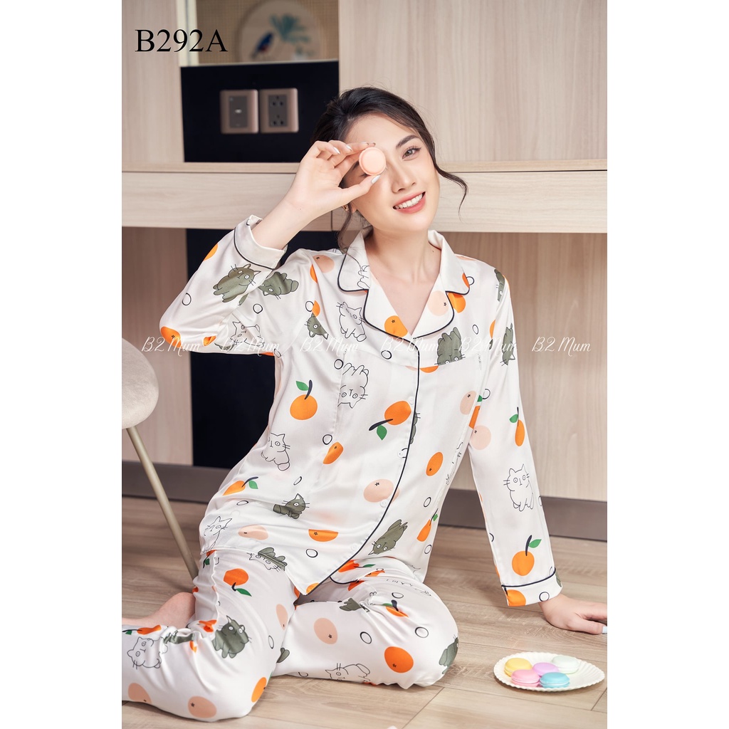 Bộ Bầu Mặc Nhà Pijama Lụa Satin Đồ Bầu Sau Sinh Mở Khoá Cho Con Bú và Quần Chun Chỉnh Bụng