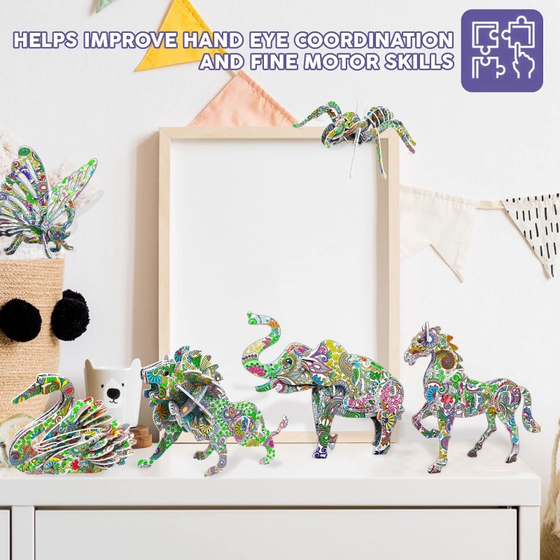 Bộ Đồ Chơi Xếp Hình 3D 4 Động Vật Kèm 12 Bút Vẽ