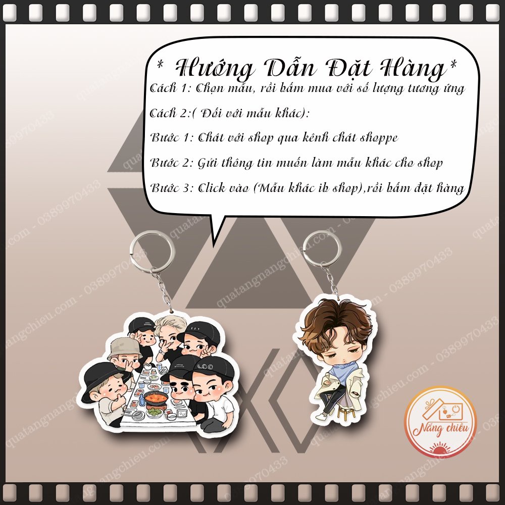 Móc khóa mica in ảnh nhóm nhạc EXO Hàn Quốc, các thành viên Beakhuyn, Chan, Chanyeol, Chen, D.O, Kai, Lay, Suho, Xiumin