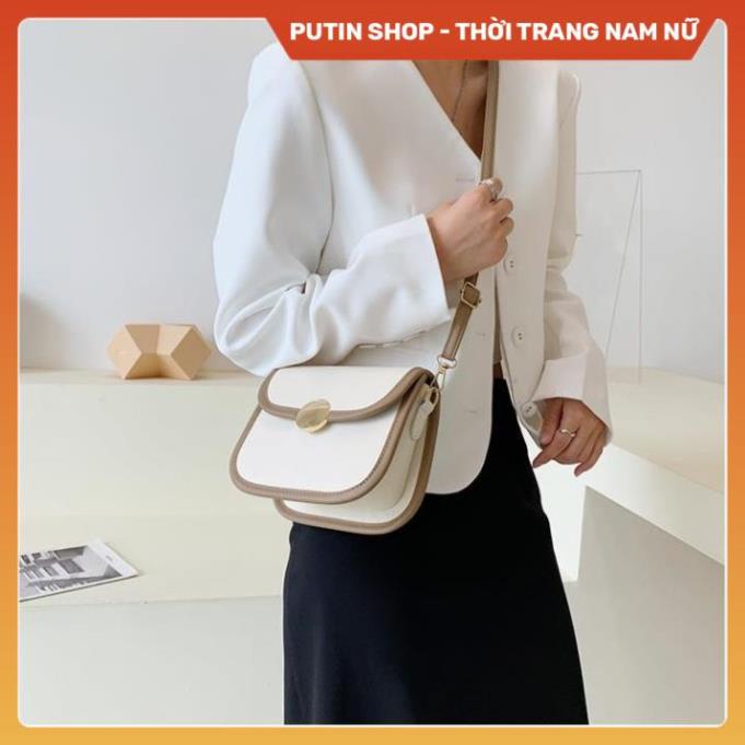 Túi đeo chéo nữ WAP HOUSE đi du lịch,  Túi xách thời trang trắng đen kem viền nâu quai tết phong cách châu âu