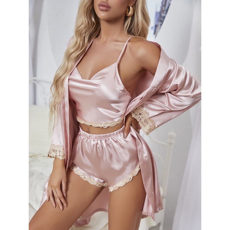Bộ Đồ Ngủ 3 Món Vải Lụa Phối Ren Quyến Rũ Cho Nữ
