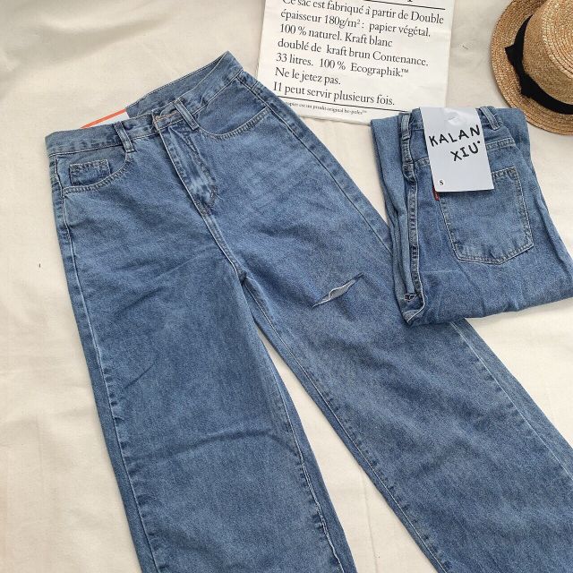 [Giá siêu rẻ] Quần jeans rách lai lưa ống rộng mã 423