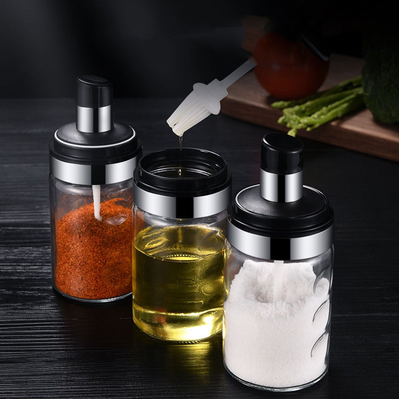 Hàng Cao Cấp SSGP, Hũ đựng gia vị, dầu ăn, mật ong gồm 2 loại thìa &amp; chổi quét silicon