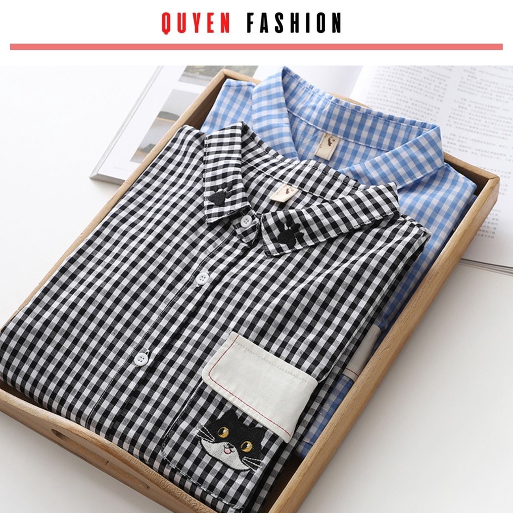 Áo sơ mi công sở nữ thêu hình mèo xinh xắn QUYÊN FASHIO AA553, áo kẻ xanh, đen thanh lịch