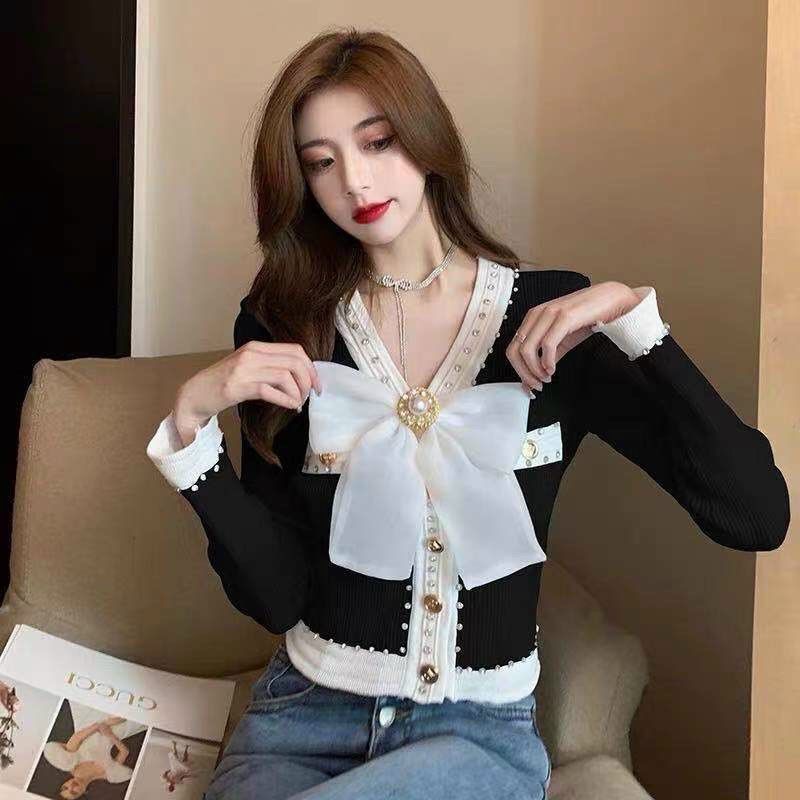 Áo len nơ dài tay đính đá Quảng Châu co dãn thoải mái