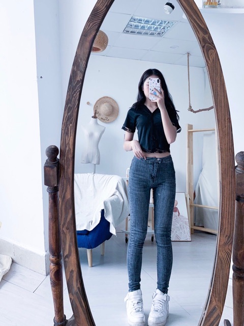 [Ảnh thật/Video] Áo croptop cúc mở viền ren áo croptop ngắn cổ tim