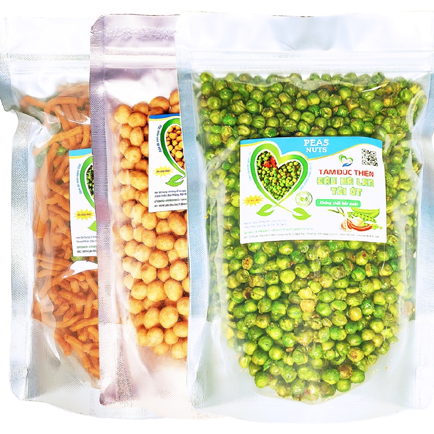 Combo 3 Túi Zip: đậu hà lan tỏi ớt 500gr đậu phộng da cá cốt dừa 500GR bim bim que hà lan 335GR Tâm Đức Thiện