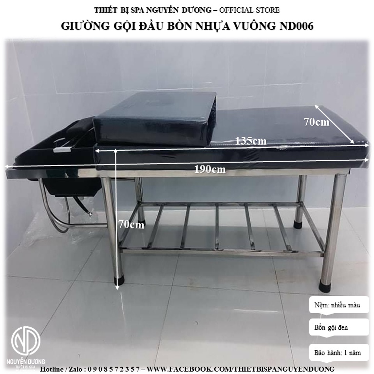 [XƯỞNG SẢN XUẤT] Giường Gội Đầu Dưỡng Sinh 2in1 Bồn Nhựa Vuông - Khung Inox - ND006