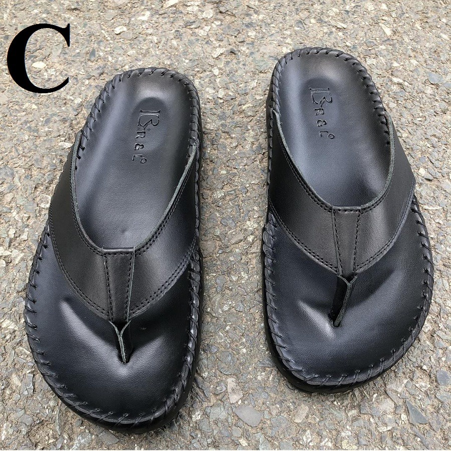 Dép kẹp Nam trơn da bò màu đen , C1