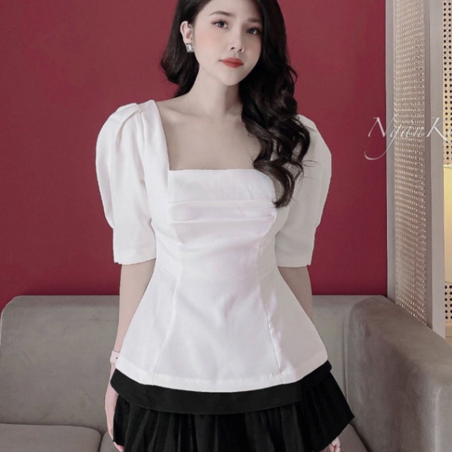 Áo kiểu sơ mi cổ vuông tay phồng phong cách Hàn Quốc sang chảnh đẹp 2 màu đen và trắng - Hia Store ACV0001