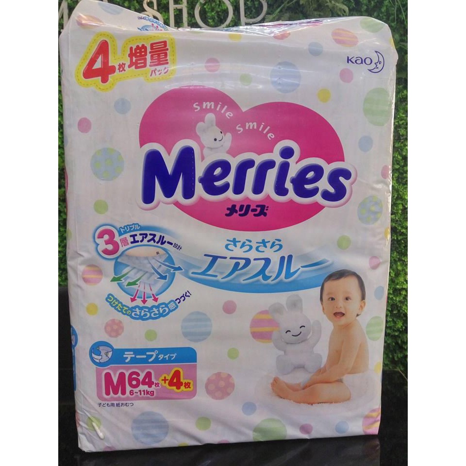 Bỉm - Tã dán Merries size M - 64 + 4 miếng ( cho bé 6 - 11kg)