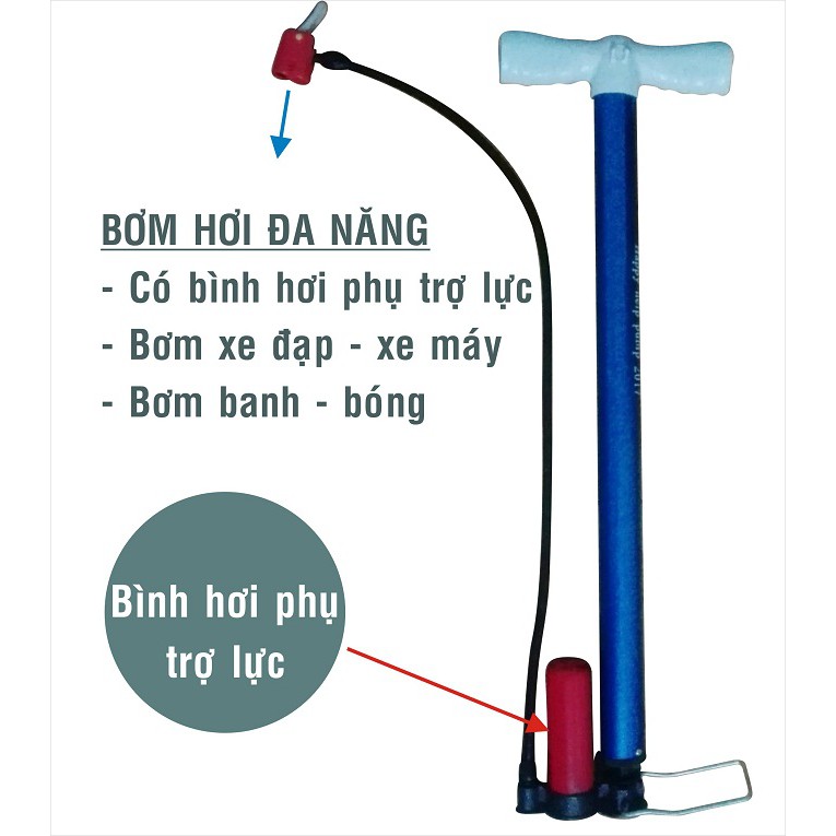 Bơm xe đa năng có bình hơi trợ lực  cho xe máy- xe đạp- banh tiện dụng đi xa, đi du lịch, phượt.