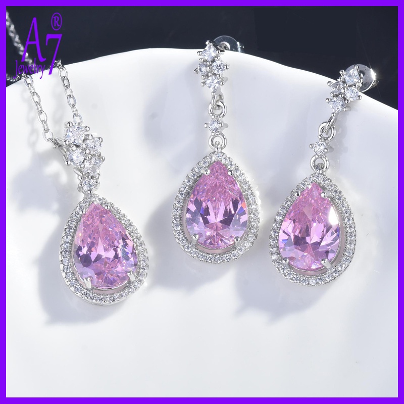 Bộ vòng cổ + bông tai mạ bạc 925 đính đá hình giọt nước màu hồng/xanh dương sang trọng