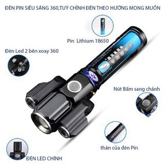 Đèn Pin Led Cầm Tay 3 Bóng Siêu Sáng Xoay 360 Độ,