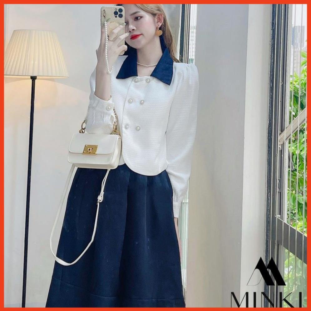 [HOT_FASHION] SET SƠ MI CÚC CHÂN VÁY XANH THAN CỔ ĐIỂN - CHẤT LIỆU CAO CẤP - PHỐI MÀU TRẮNG VÀ XANH ĐEN | BigBuy360 - bigbuy360.vn