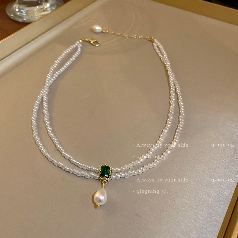 DREJEW Dây chuyền hai lớp đính ngọc trai và đá hình vuông phong cách cổ điển thời trang cho nữ