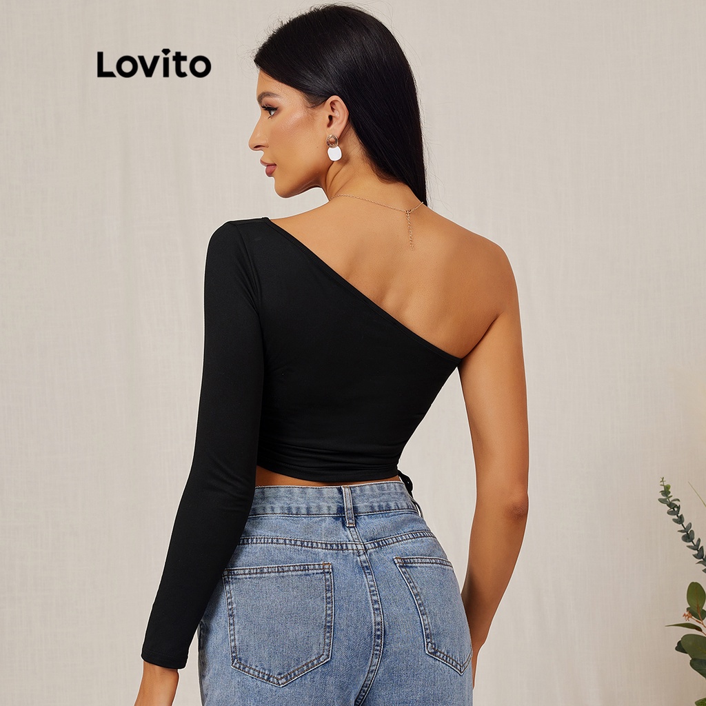 Áo thun Lovito tay dài trễ một bên vai bất đối xứng phối dây rút màu trơn mặc thường ngày L18D102 (Màu đen)