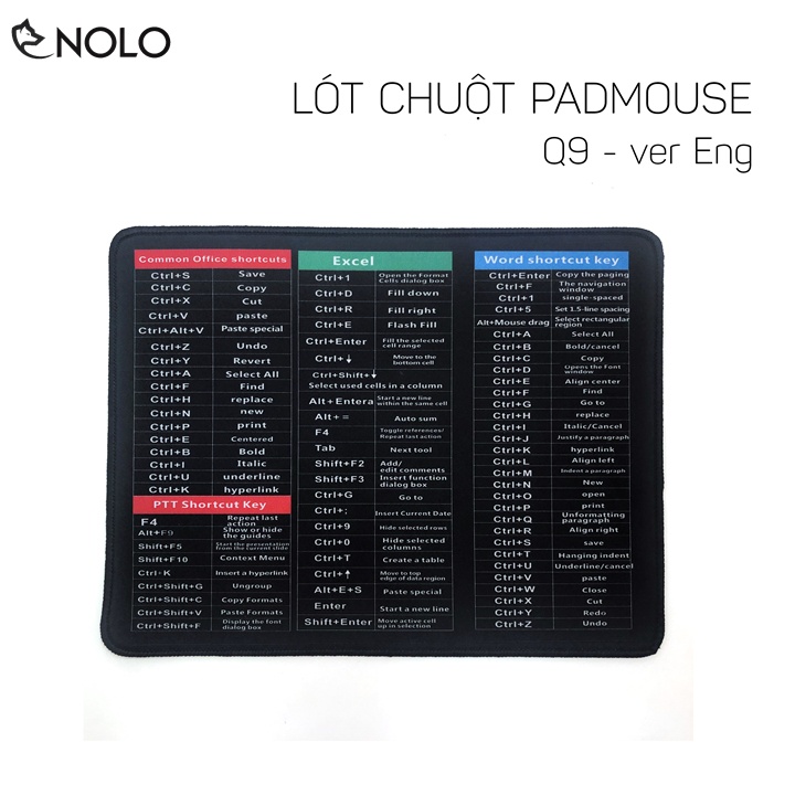 Lót Chuột Padmouse Q9 Eng Ver 79 Phím Tắt 32x24cm Dày 3 Ly Mặt In 3D Không Phai Lệnh Office, PPT, Excel, Word