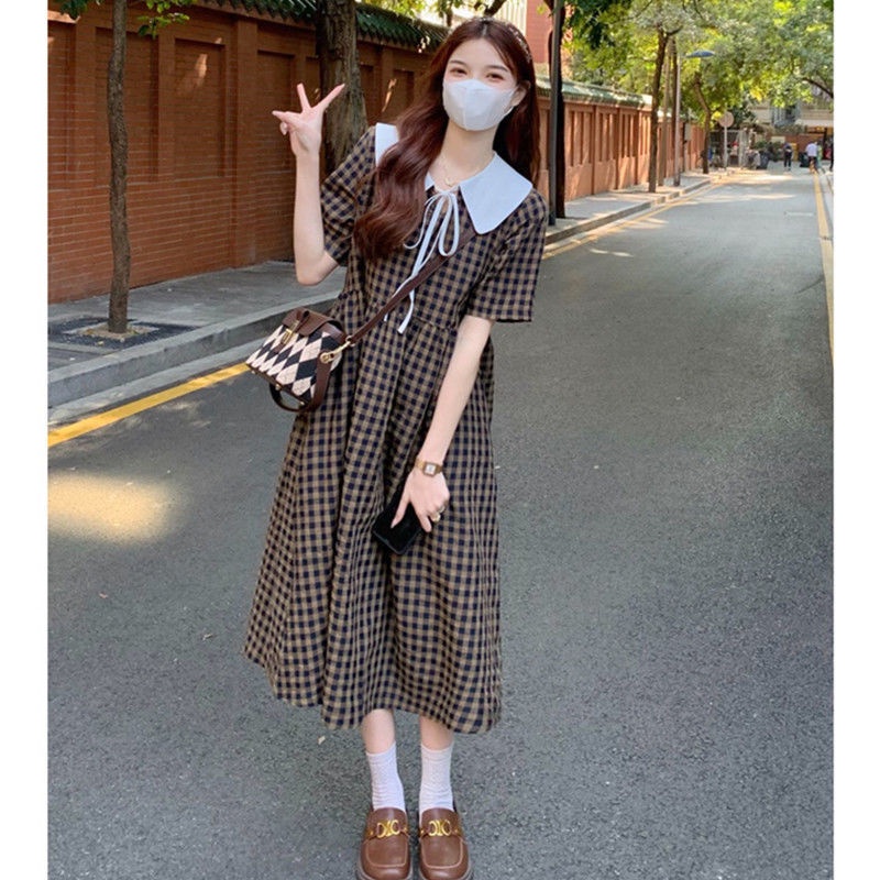 Đầm Chữ A Cổ Búp Bê Kẻ Sọc Ca Rô Thời Trang Mùa Hè Mới Cho Nữ