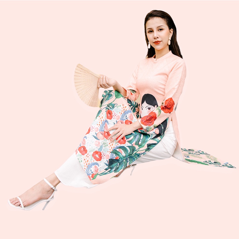 Bộ áo dài gấm in họa tiết cô gái lá xanh, quần các màu - TOSON - B4881H040