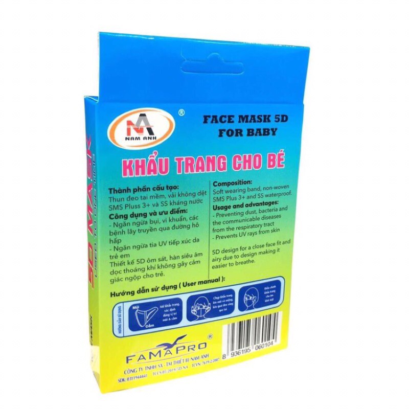 Khẩu trang trẻ em 5D Farmapro - Nam Anh (hộp 10 cái)
