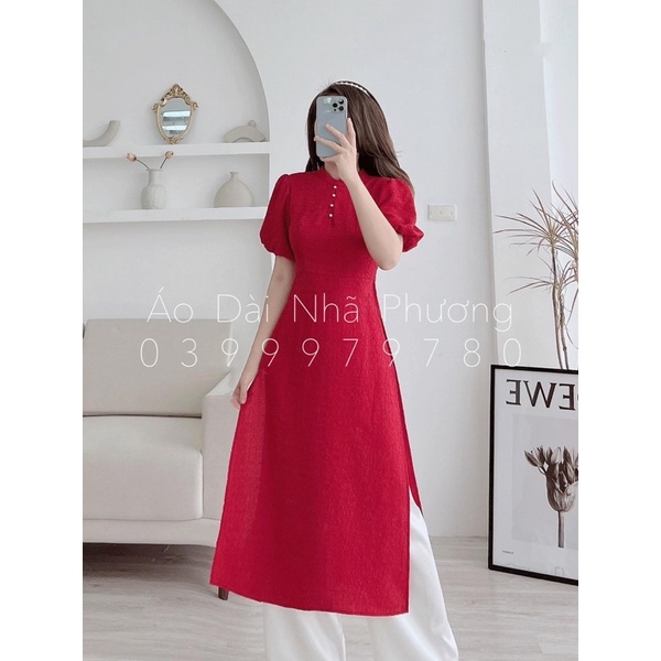Áo Dài Đũi Nhăn Tay Phồng Điểm Cúc Cách Điệu_SMCOTAU
