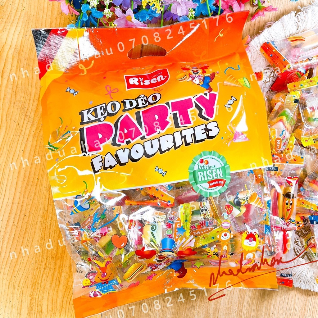 Một gói kẹo dẻo Party mix đủ mẫu burger/sanwich/hotdog/kem ice cream/trái cây/pizza Risen Mỹ gói to 450g khoảng 48 viên