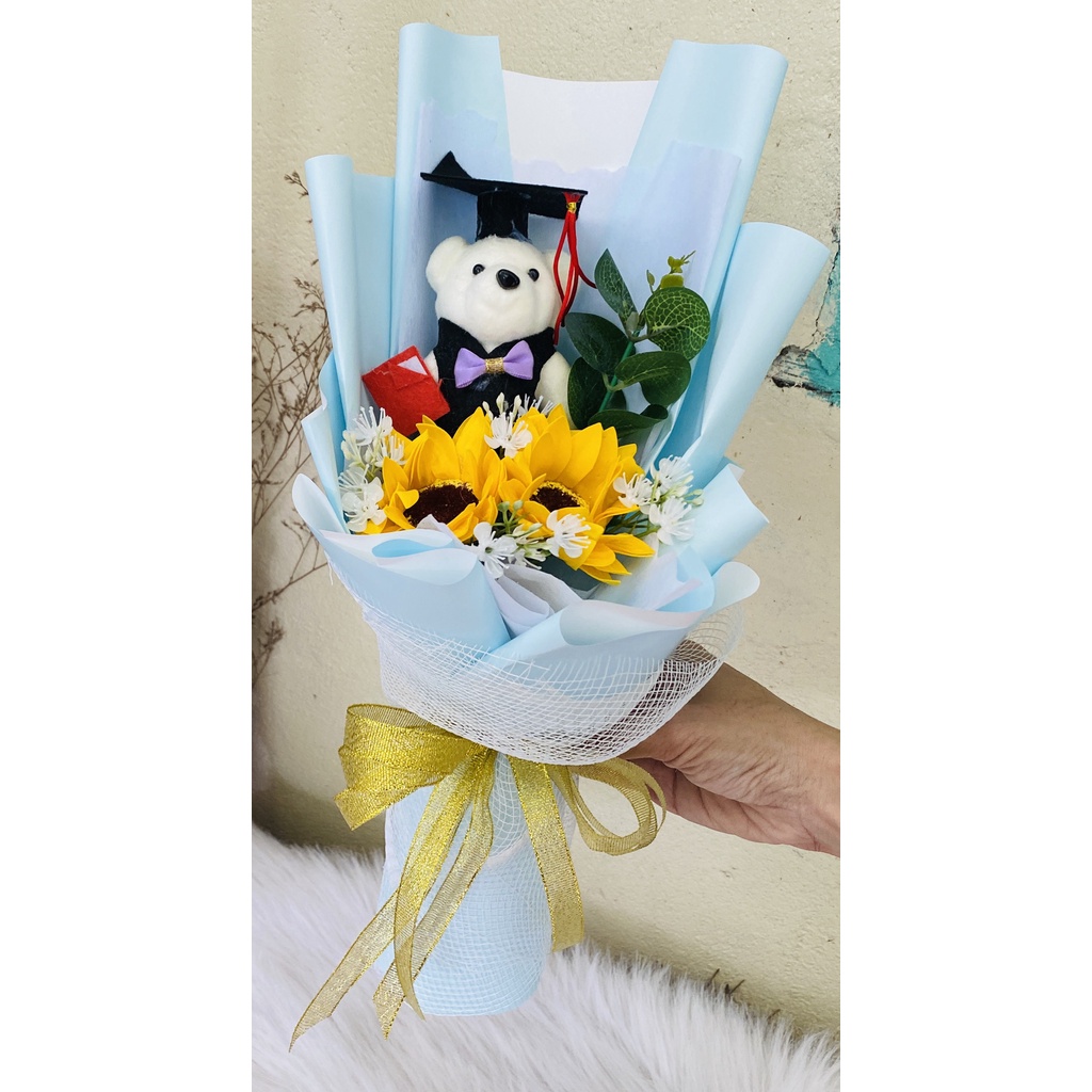 Bó hoa  2 bông hướng dương sáp & gấu tặng quà lễ tốt nghiệp 👩‍🎓