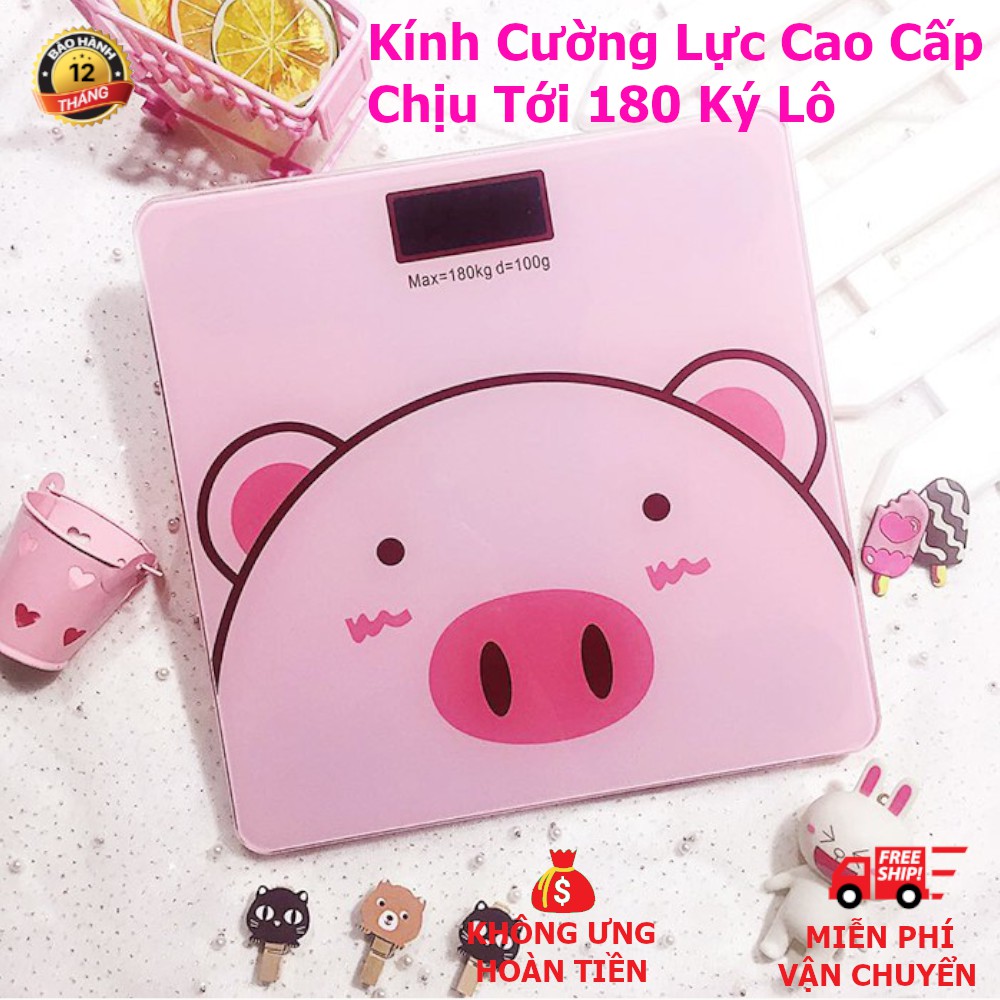 [Lỗi 1 đổi 1] Cân Sức Khoẻ Heo Hồng, Kính Cường Lực 180kg, Màn Hình Số Kèm Đo Nhiệt Độ Phòng