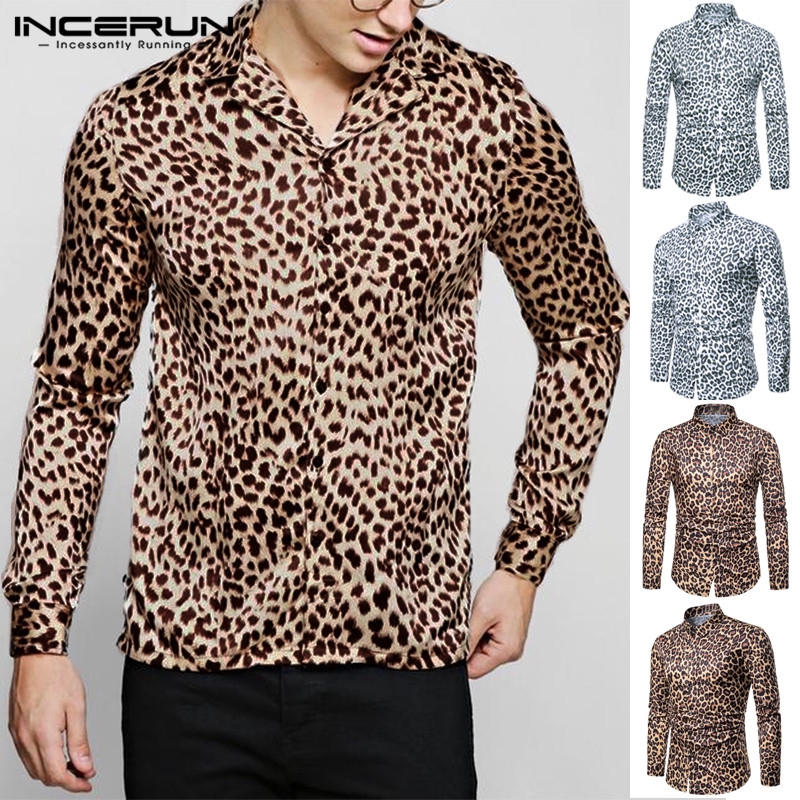 Áo Sơ Mi INCERUN Tay Dài Hoạ Tiết Da Báo Thời Trang Nam