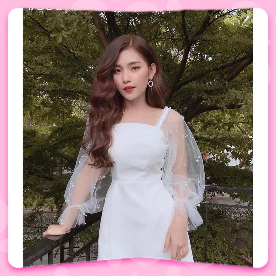 Đầm Nữ, Đầm dự tiệc trắng tay phồng kết hạt siêu xinh V