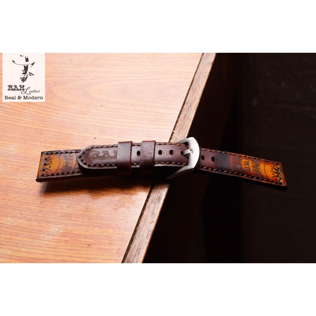 Dây đồng hồ RAM Leather vintage da bò Italia Vegtan màu mahogany trống vàng