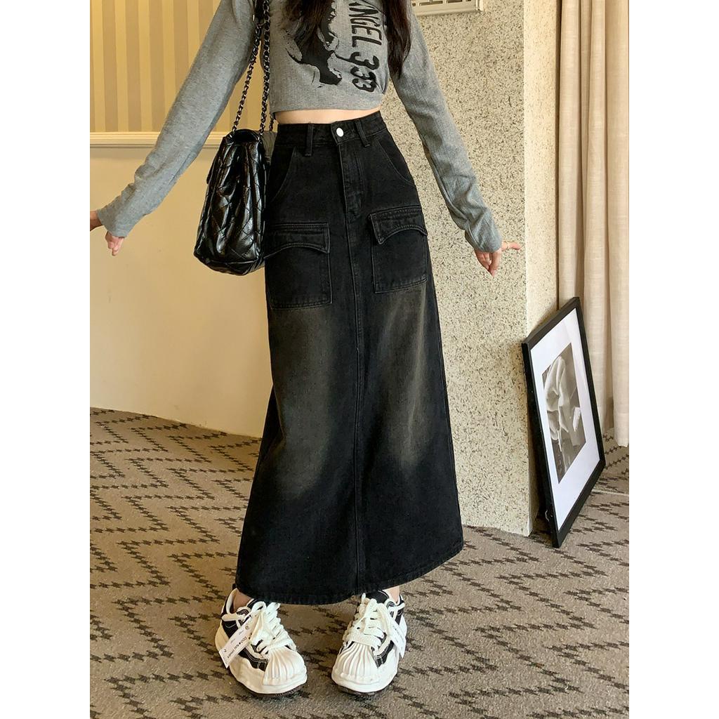 62385 Chân Váy Denim Dài Vừa Vặn Có Túi Phía Trước