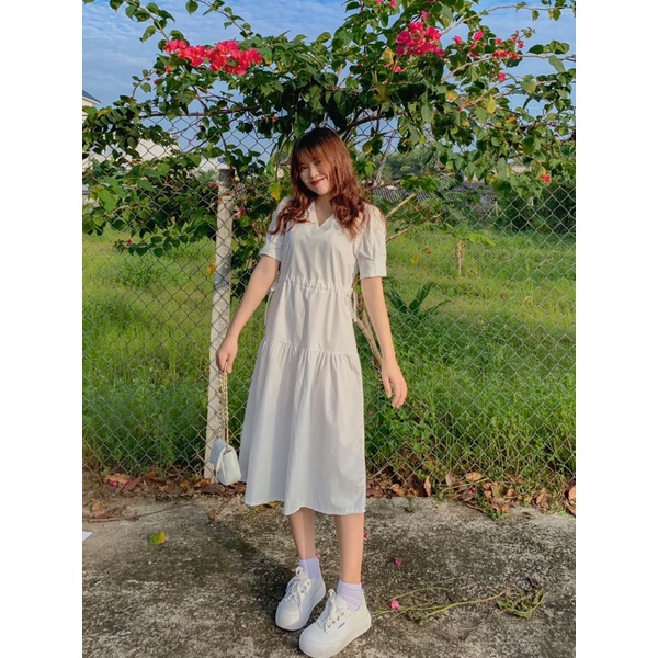 Đầm babydoll trắng dài eo rút nơ 200