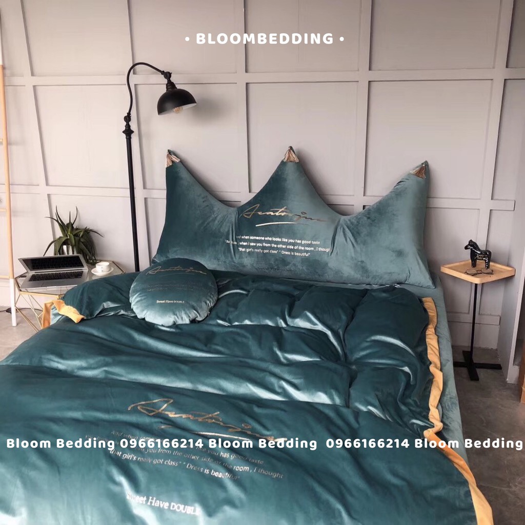Bộ Chăn Ga Gối Nỉ Nhung Mềm Mịn Kèm Gối Tựa Đầu Giường Vương Miện - Xanh cổ vịt