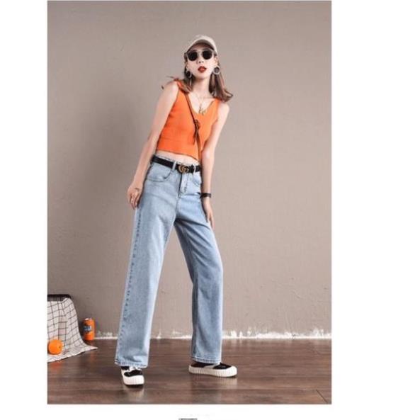 Quần jean bò nữ ống xuông rộng lưng cao cạp cao đẹp màu xanh nhạt sky hot 2022 SKShop22