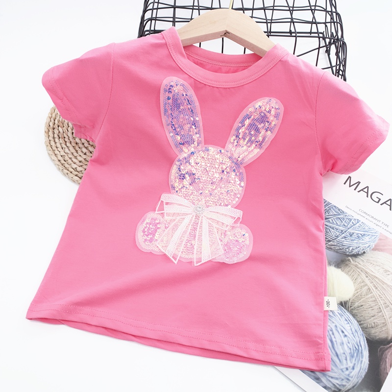 Áo Thun Tay Ngắn Chất Liệu 100% Cotton In Hoạ Tiết Thỏ Đính Kim Sa Lấp Lánh Dành Cho Bé Gái