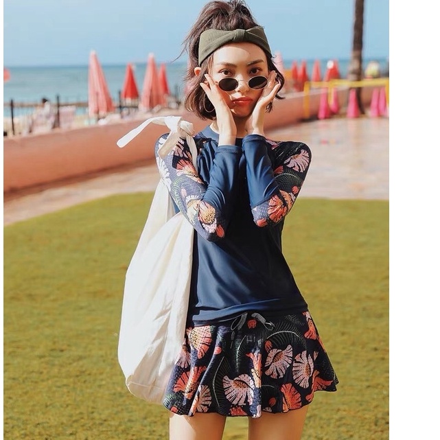 Molly bikini - Bộ đồ bơi nữ áo dài tay và quần váy in họa tiết 2 mảnh đi biển, vải kháng khuẩn chống tia UV