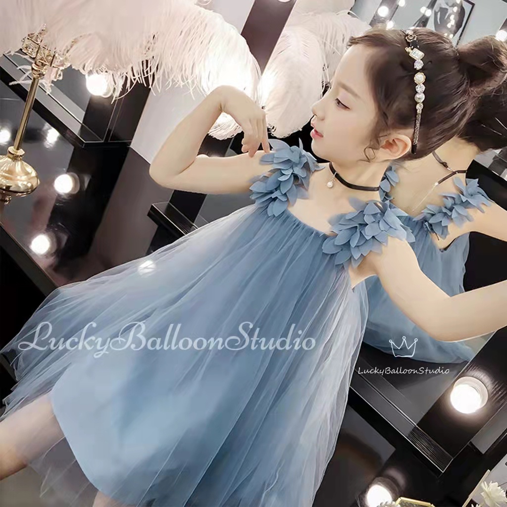 Đầm Công Chúa Mùa Hè Hai Dây Họa Tiết Hoa Màu Xanh Dương Chống Bụi Cho Bé Gái 4-12 Tuổi