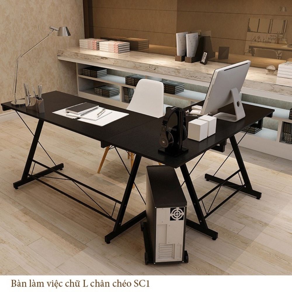 Bàn làm việc chữ L chân chéo mặt gỗ phủ laminate có khung sắt phun sơn tĩnh điện, bàn game