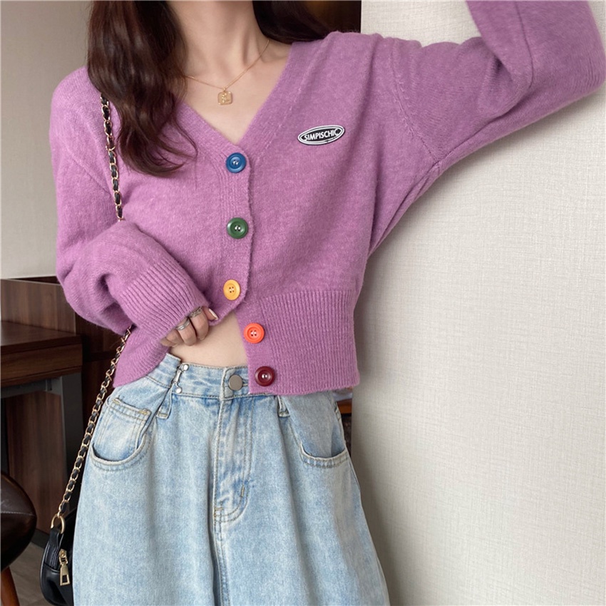 Áo cardigan nữ thêu chữ dài tay, áo kiểu nữ tay dài len gân gài cúc cổ chữ V vải siêu xinh