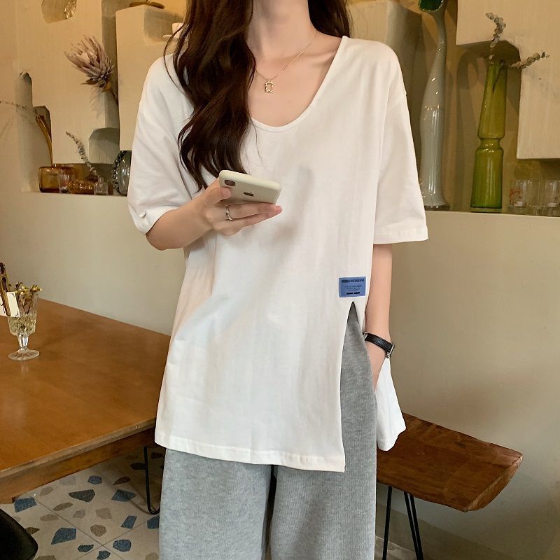 Áo Thun Tay Ngắn Cổ Chữ v Form Rộng Thiết Kế Xẻ Tà Phong Cách Mới