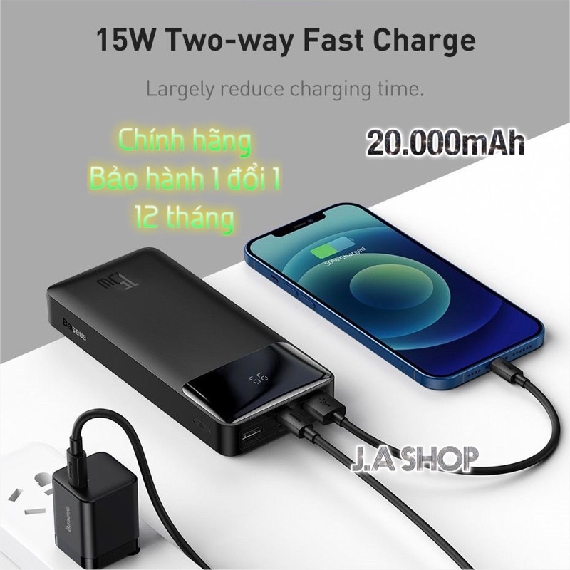 Sạc Dự Phòng Baseus Sạc nhanh Bipow 15W 20000mAh màn hình kỹ thuật số, Hàng chính hãng bảo hành 12 tháng, Pin dự phòng