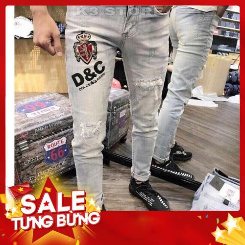 QuầnJean Nam | Quần Jean Rách XANH BẠC WASH RÁCH THÊU LOGO D&C CO GIẢN MẠNH MS 1000 - Siêu HOT