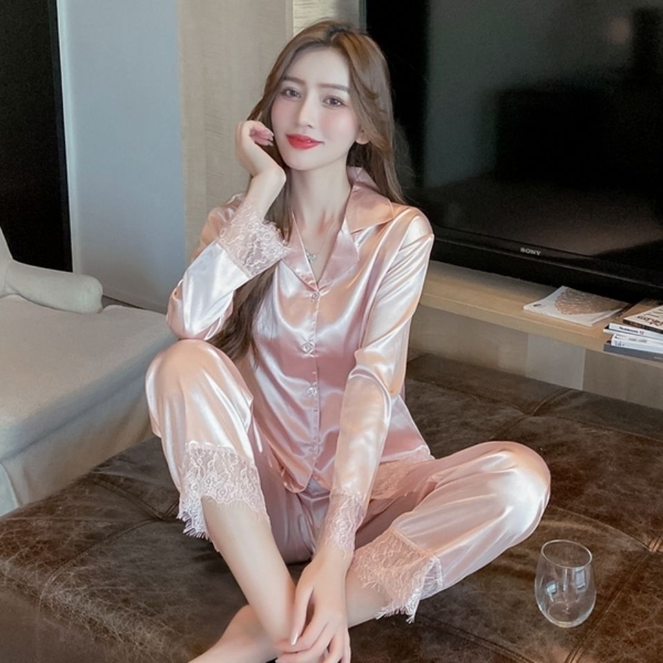 Bộ đồ ngủ tay dài chất lụa phối ren thời trang mùa hè xinh xắn cho nữ