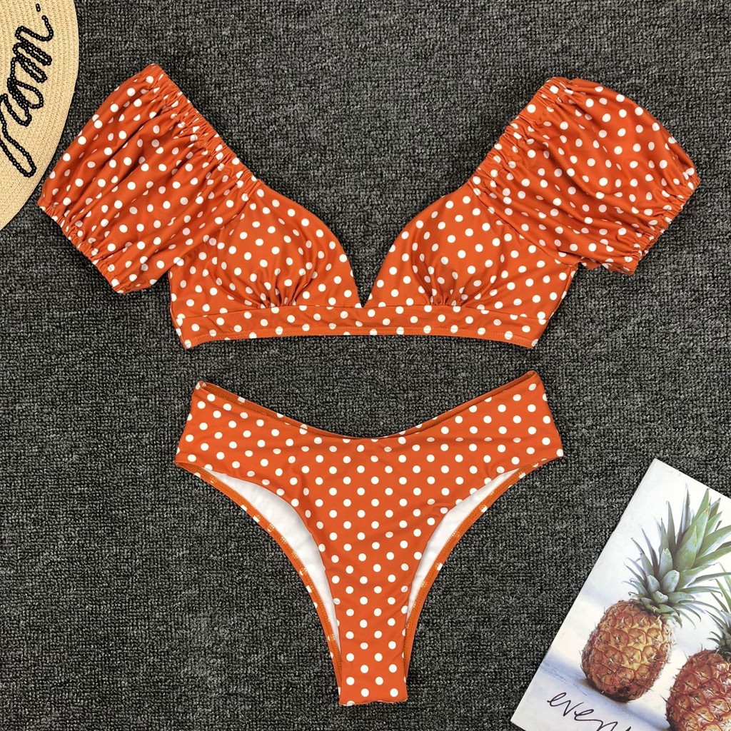 Trang phục bikini cổ V họa tiết chấm bi trắng/cam gợi cảm H156 | BigBuy360 - bigbuy360.vn